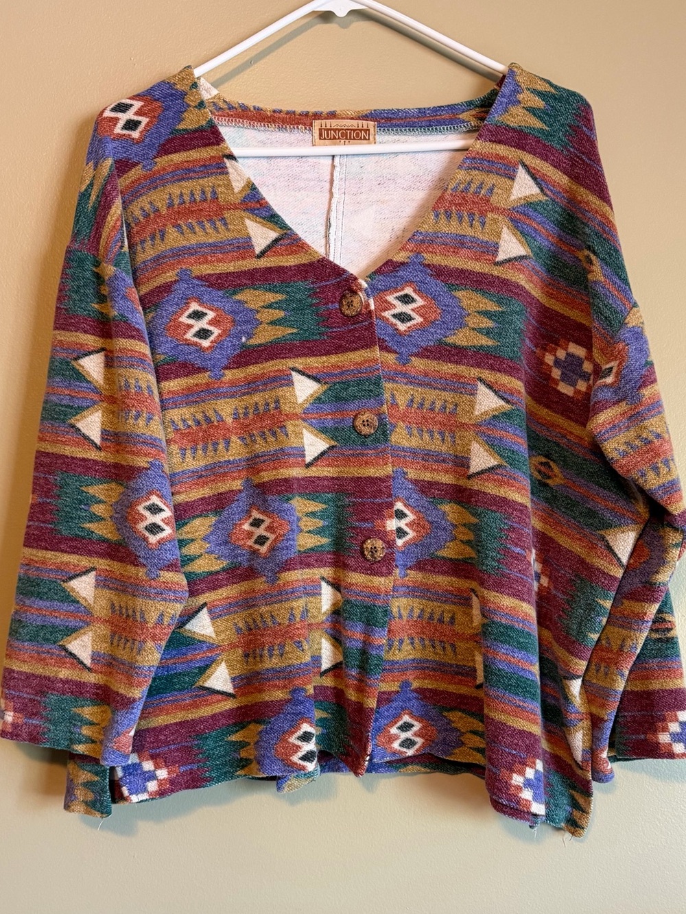 Vintage 90’s Junction Aztec 100% Cotton V Neck Button Down Boxy Cardigan
